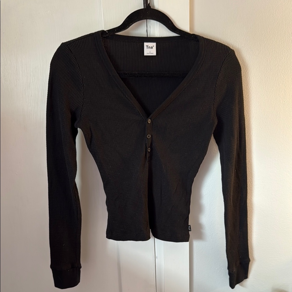 TNA Black Button-Down V-Neck Top